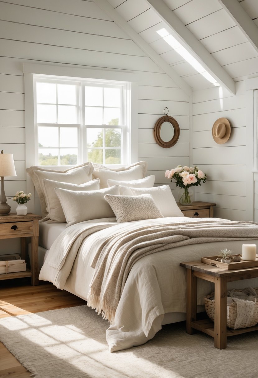 A bright bedroom with white paneled walls, a neatly made bed, wooden furniture, and natural light coming through a window.