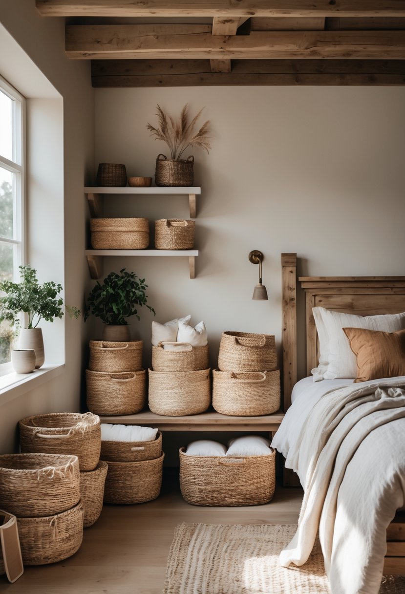 A bedroom with natural fiber baskets used for storage placed on shelves and beside the bed.