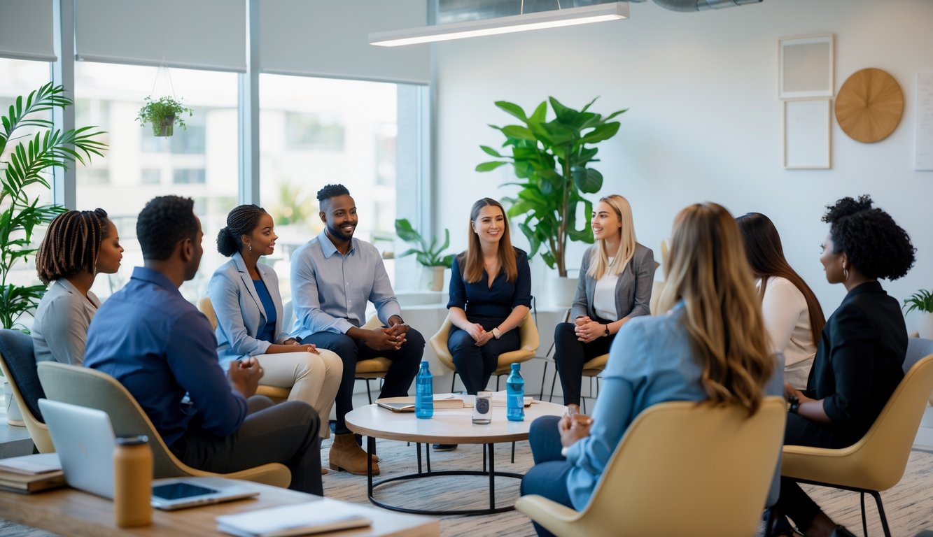 Sekelompok karyawan sedang mengikuti sesi program kesejahteraan mental di kantor dengan suasana yang tenang dan mendukung.