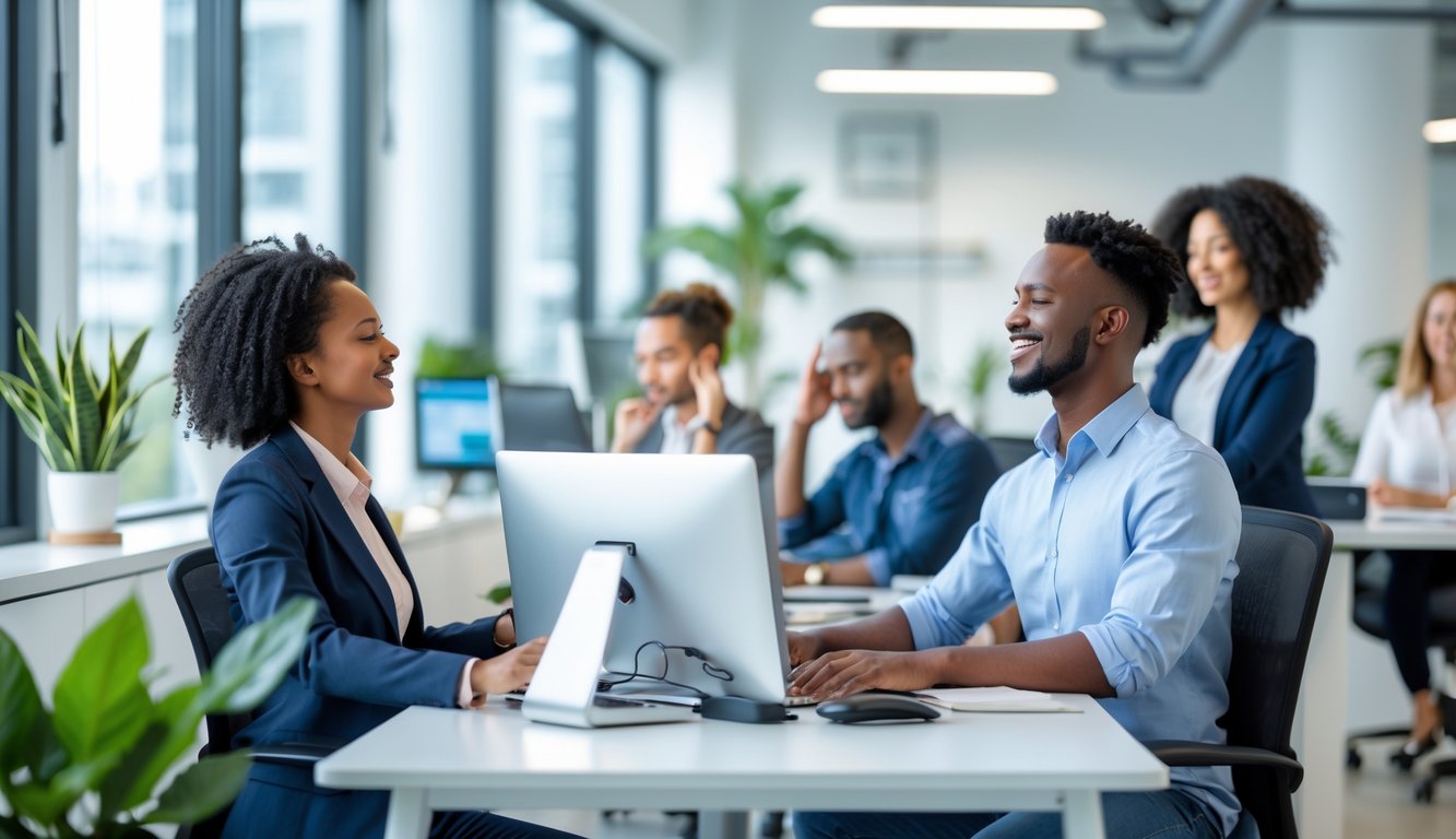Sekelompok pekerja di kantor modern sedang melakukan aktivitas yang mendukung kesehatan mental seperti bernapas dalam, istirahat sejenak, dan peregangan.