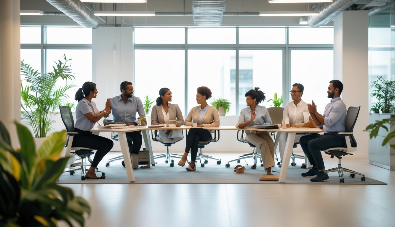Sekelompok karyawan di kantor modern sedang berbicara dan melakukan latihan pernapasan serta peregangan untuk kebugaran mental.