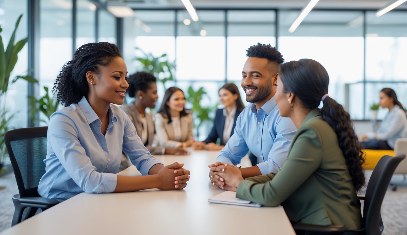 Karyawan di kantor yang sedang berbincang dan beristirahat dalam suasana yang tenang dan mendukung kesehatan mental.