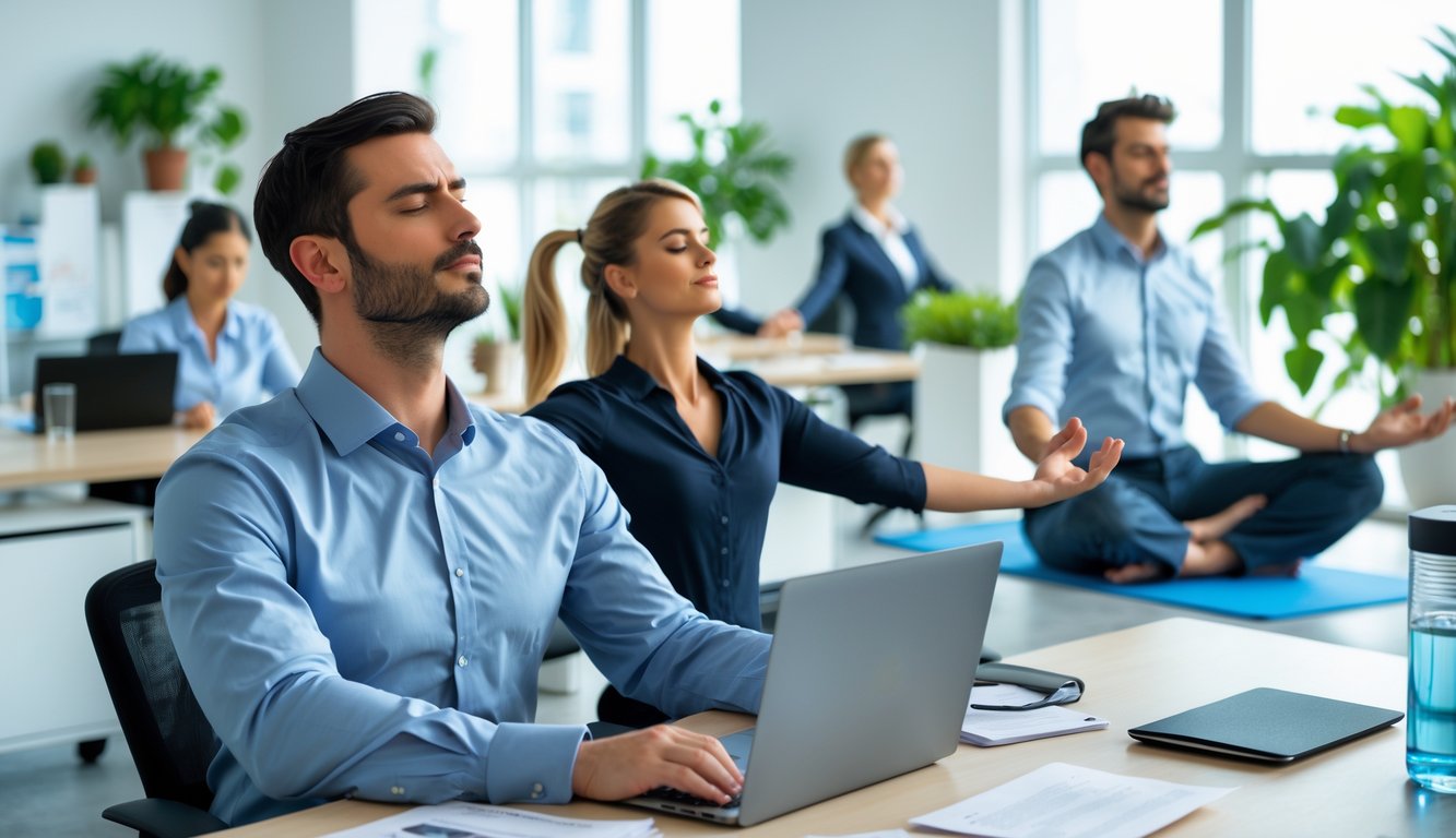 Seorang pria di kantor sedang melakukan latihan pernapasan untuk mengelola stres kerja, dengan rekan kerja yang melakukan peregangan dan meditasi di sekitar meja kerja.
