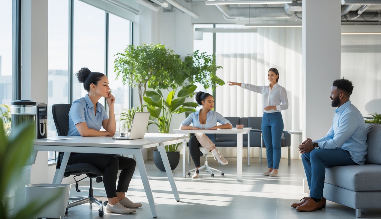 Sejumlah karyawan di kantor modern sedang melakukan aktivitas menjaga kesehatan mental, seperti beristirahat dengan tenang, peregangan, dan berbicara dengan dukungan di sudut ruangan.