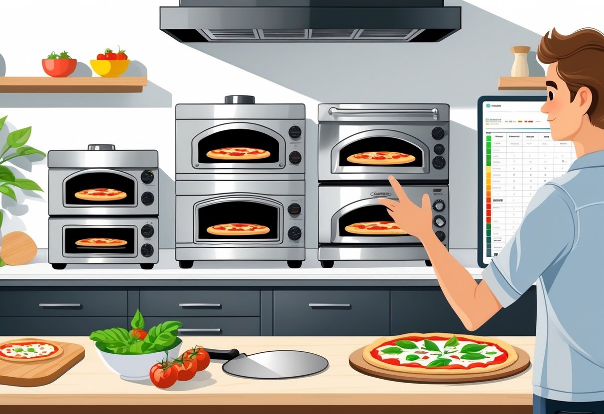 En person vurderer flere elektriske pizzaovner på en kjøkkenbenk med ferske pizzatingredienser i bakgrunnen.