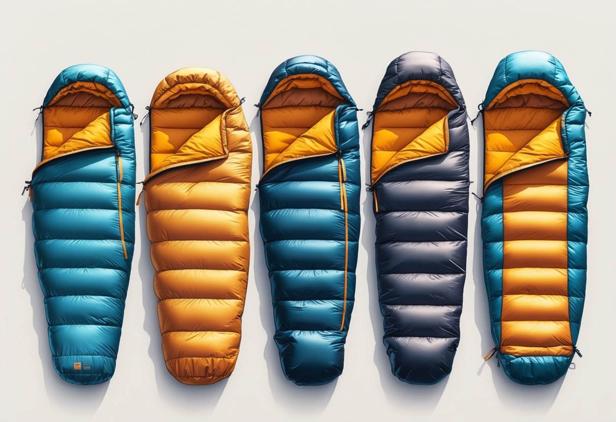 Flere soveposer med ulik passform vist side om side, delvis åpne for å vise innsiden.