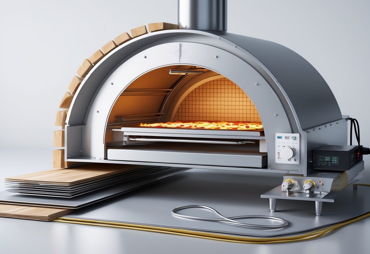 Tverrsnitt av en elektrisk pizzaovn som viser materialer og konstruksjon.