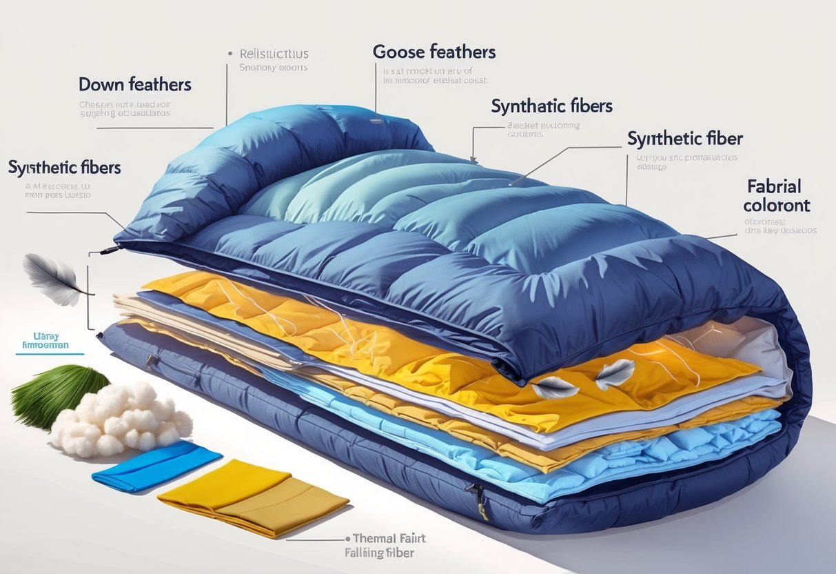 Tverrsnitt av en sovepose som viser lag med dun og syntetisk isolasjon.