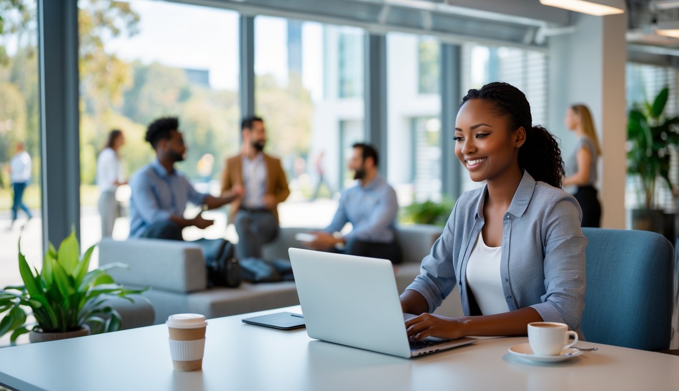 Sekelompok karyawan di kantor modern yang cerah, beberapa bekerja di meja dan beberapa berbincang santai di area lounge dengan pemandangan taman di luar jendela.