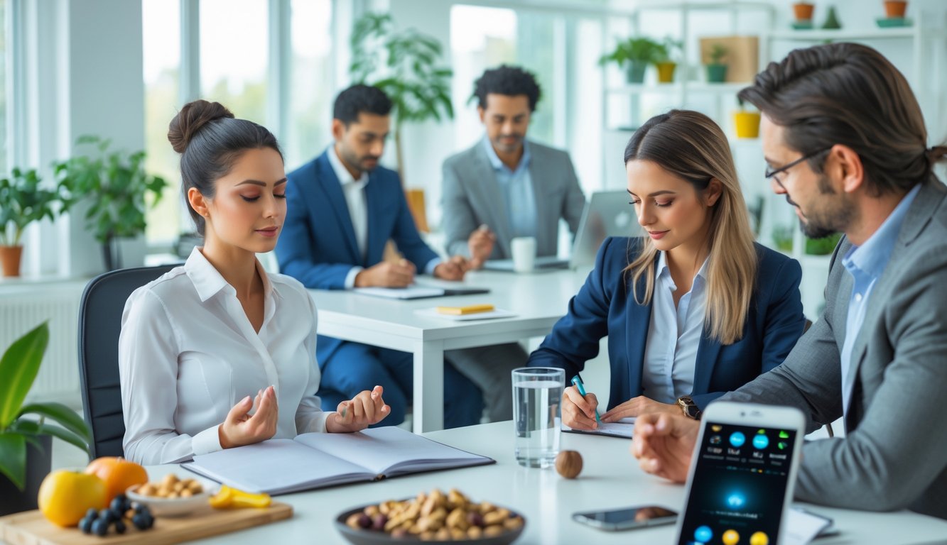 Sekelompok profesional di kantor modern sedang melakukan aktivitas untuk kebugaran mental seperti meditasi, menulis jurnal, dan berdiskusi dengan suasana tenang dan nyaman.