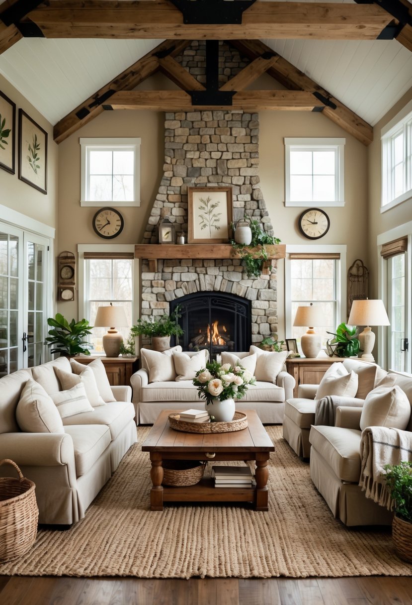 A cozy living room with wooden beams, a stone fireplace, comfortable sofas, and natural light coming through large windows.