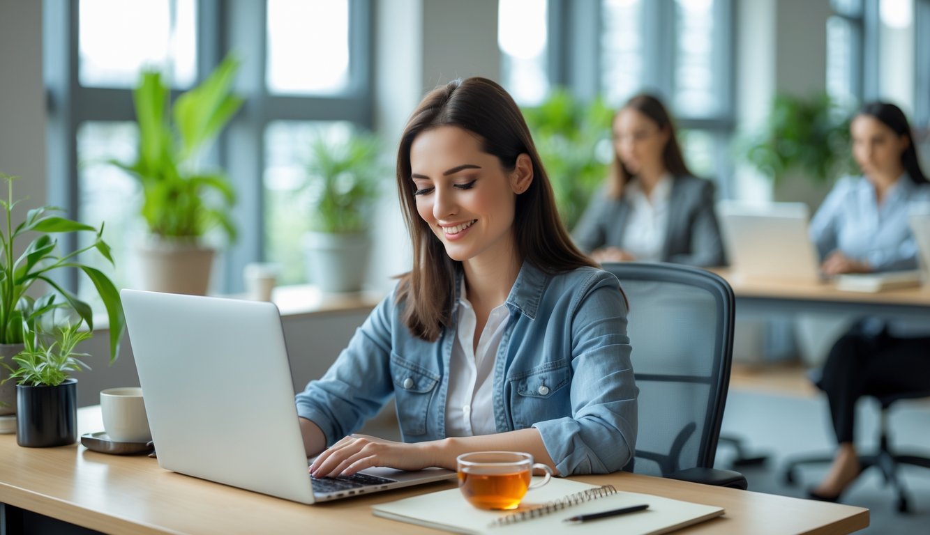 Seorang wanita muda duduk di meja kantor yang rapi sambil meregangkan tubuh dan tersenyum, dikelilingi tanaman hijau dan cahaya alami dari jendela besar.