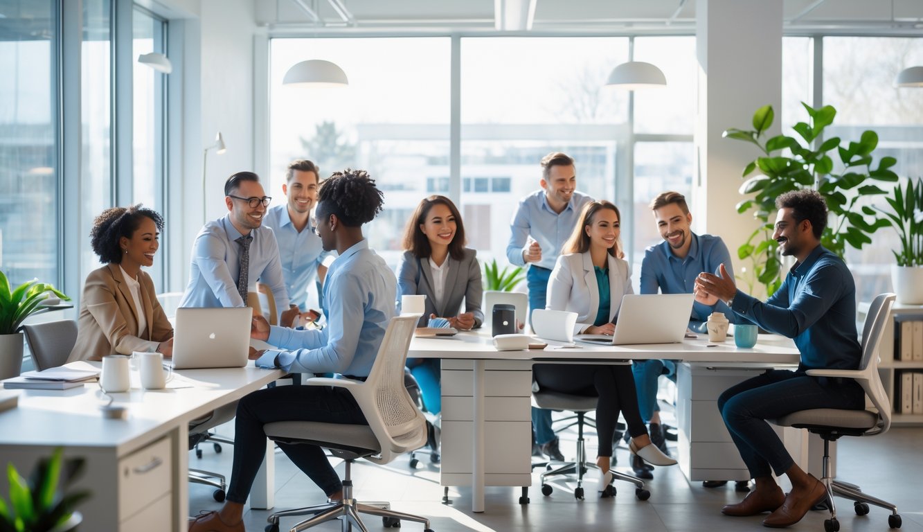 Beberapa orang bekerja bersama di kantor yang terang dan rapi dengan tanaman dan suasana yang tenang.