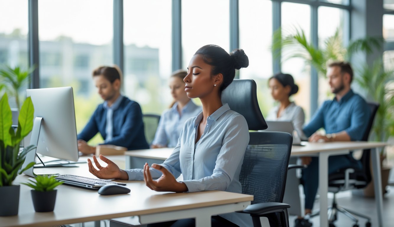 Beberapa pekerja kantor sedang bermeditasi dan bekerja dengan tenang di ruang kantor yang terang dan rapi.