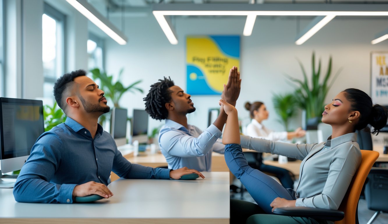 Beberapa karyawan di kantor melakukan teknik relaksasi seperti pernapasan dalam, peregangan, dan meditasi.