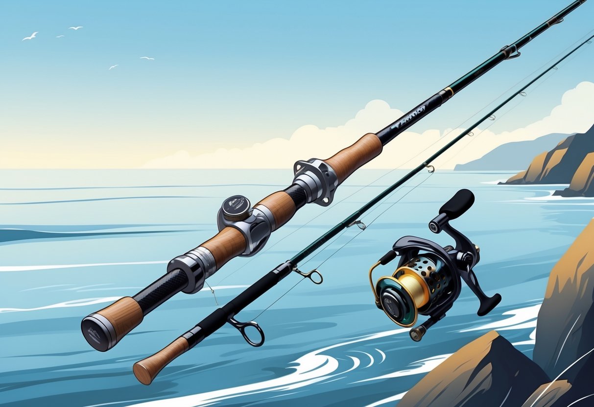 En havfiskestang plassert foran en rolig kystlinje med hav og himmel i bakgrunnen.