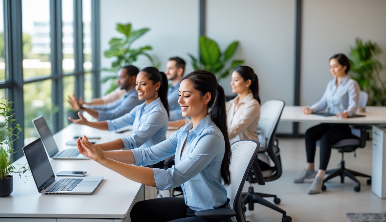 Karyawan di kantor melakukan peregangan dan meditasi untuk relaksasi kerja.