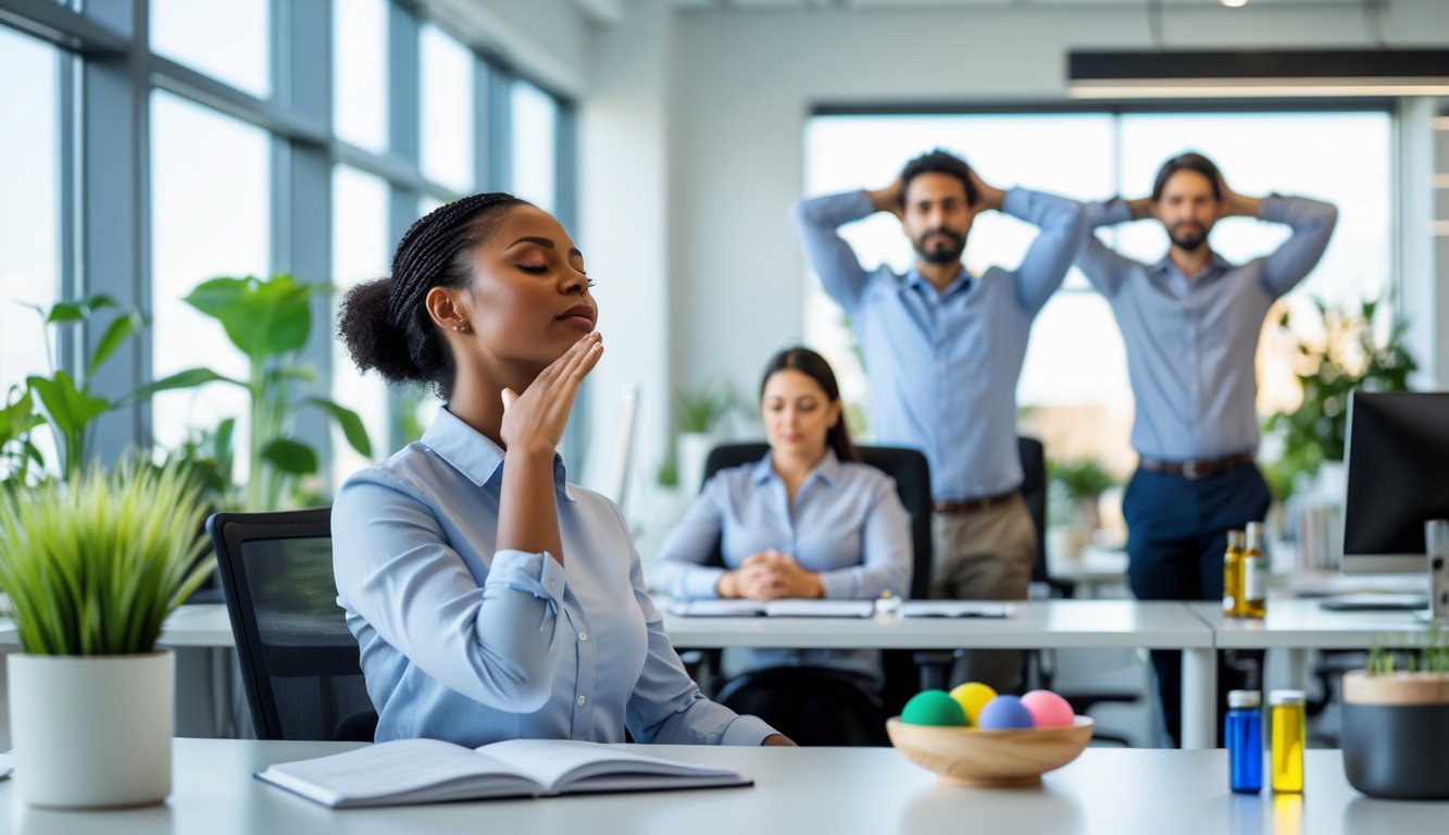 Orang-orang di kantor melakukan aktivitas untuk mengurangi stres seperti latihan pernapasan dan peregangan di ruang kerja yang terang dan penuh tanaman.