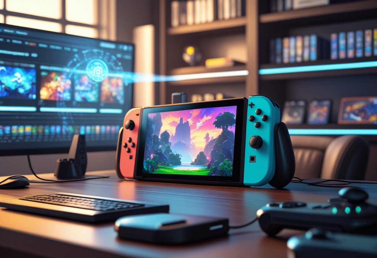 A Nintendo Switch console on a wooden desk with controllers attached, surrounded by gaming accessories and a comfortable gaming setup.