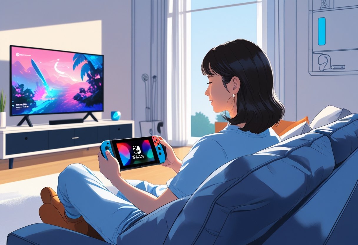 A person sitting on a sofa playing a Nintendo Switch in a modern living room with a TV showing a game.