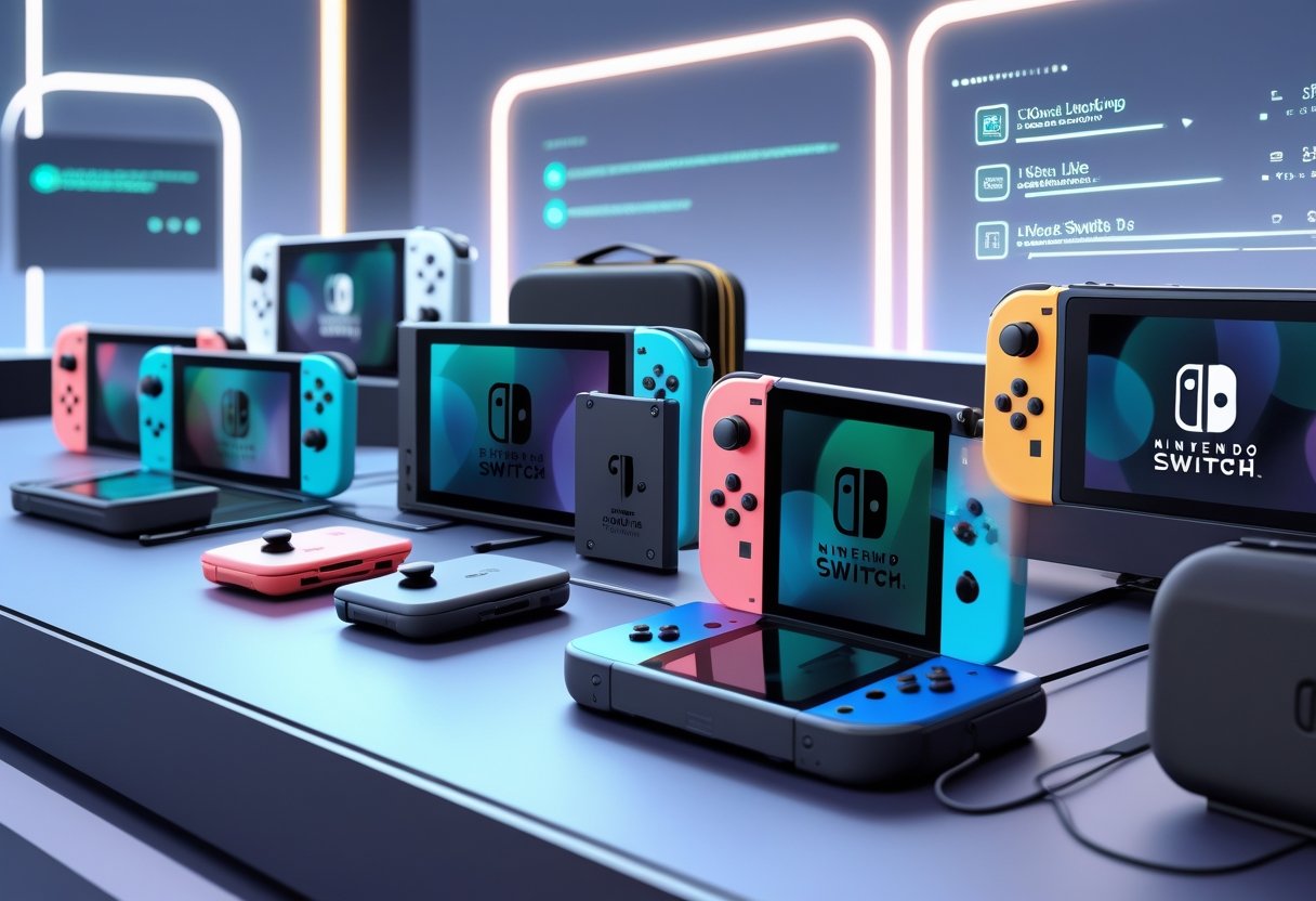 A display of different Nintendo Switch consoles and accessories arranged on a table in a modern tech environment.