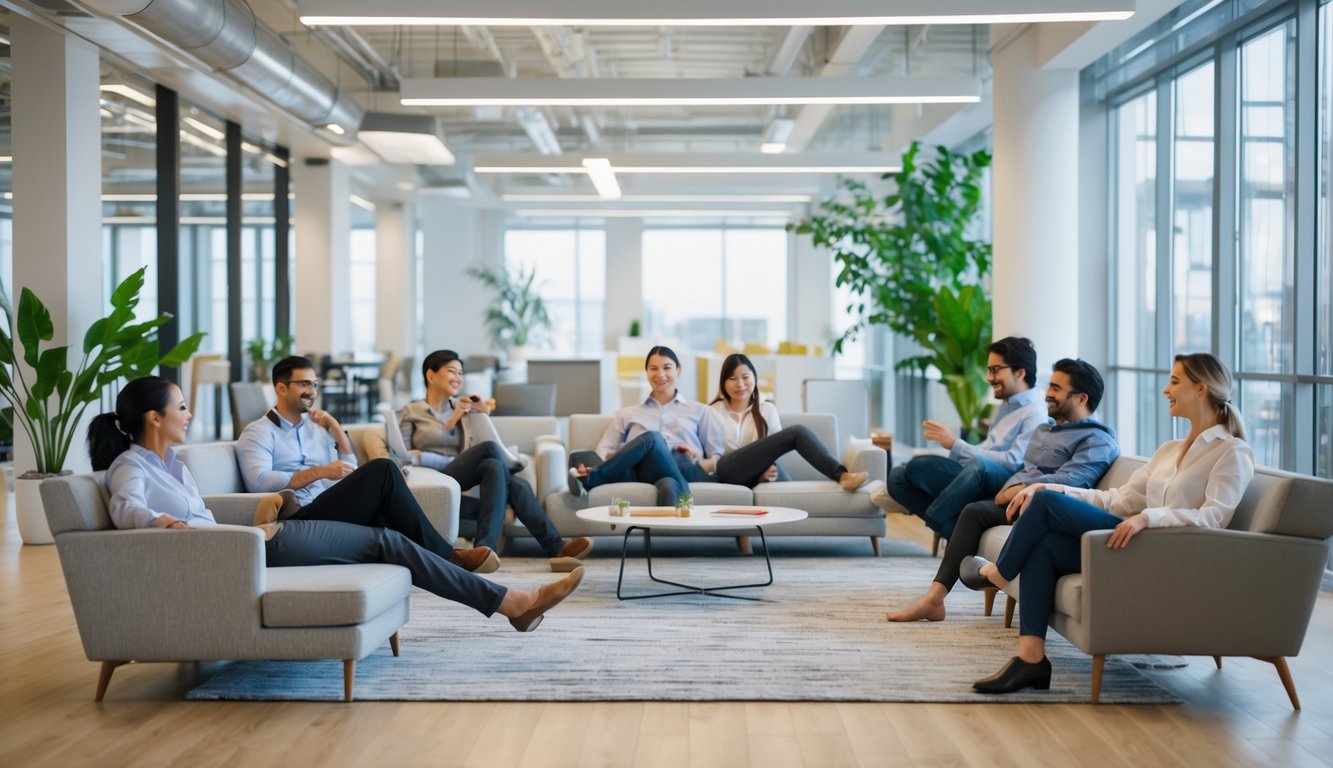 Karyawan sedang bersantai di area lounge kantor dengan sofa dan tanaman, beberapa berbincang dan menikmati minuman.