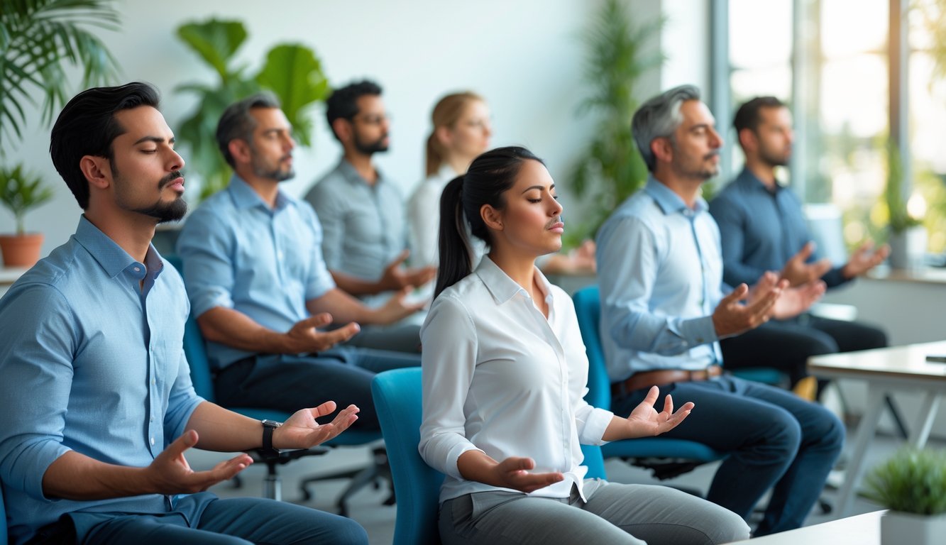 Sekelompok pekerja sedang melakukan teknik pernapasan di ruang kantor yang terang dan modern.