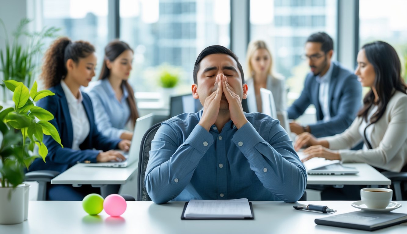 Seorang pria melakukan latihan pernapasan di kantor yang terang dengan rekan kerja yang fokus dan suasana kerja yang tenang.