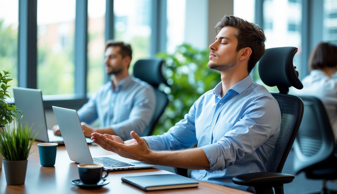 Seorang pekerja kantor sedang melakukan latihan relaksasi di meja kerjanya dengan mata tertutup dan tangan rileks.
