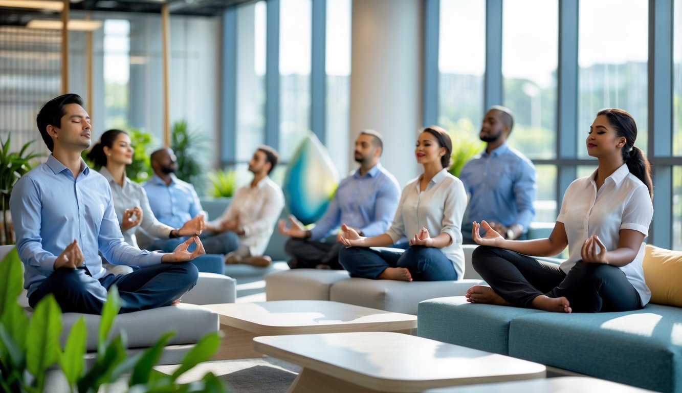 Sekelompok karyawan sedang beristirahat di ruang santai kantor dengan suasana tenang dan nyaman.