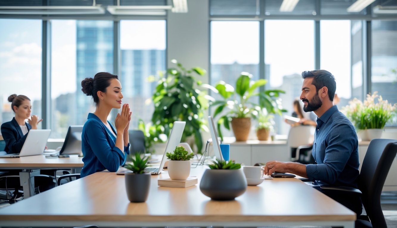 Beberapa pekerja kantor melakukan aktivitas untuk menjaga kesehatan mental seperti bernapas dalam, istirahat sambil melihat keluar jendela, dan berdiskusi santai di ruang kerja yang terang dengan tanaman hijau.