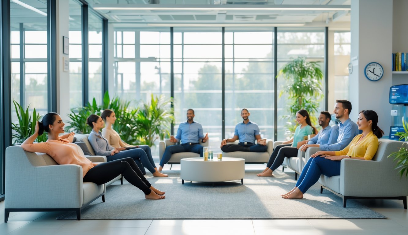 Beberapa karyawan beristirahat di ruang santai kantor dengan melakukan peregangan dan berbincang santai.