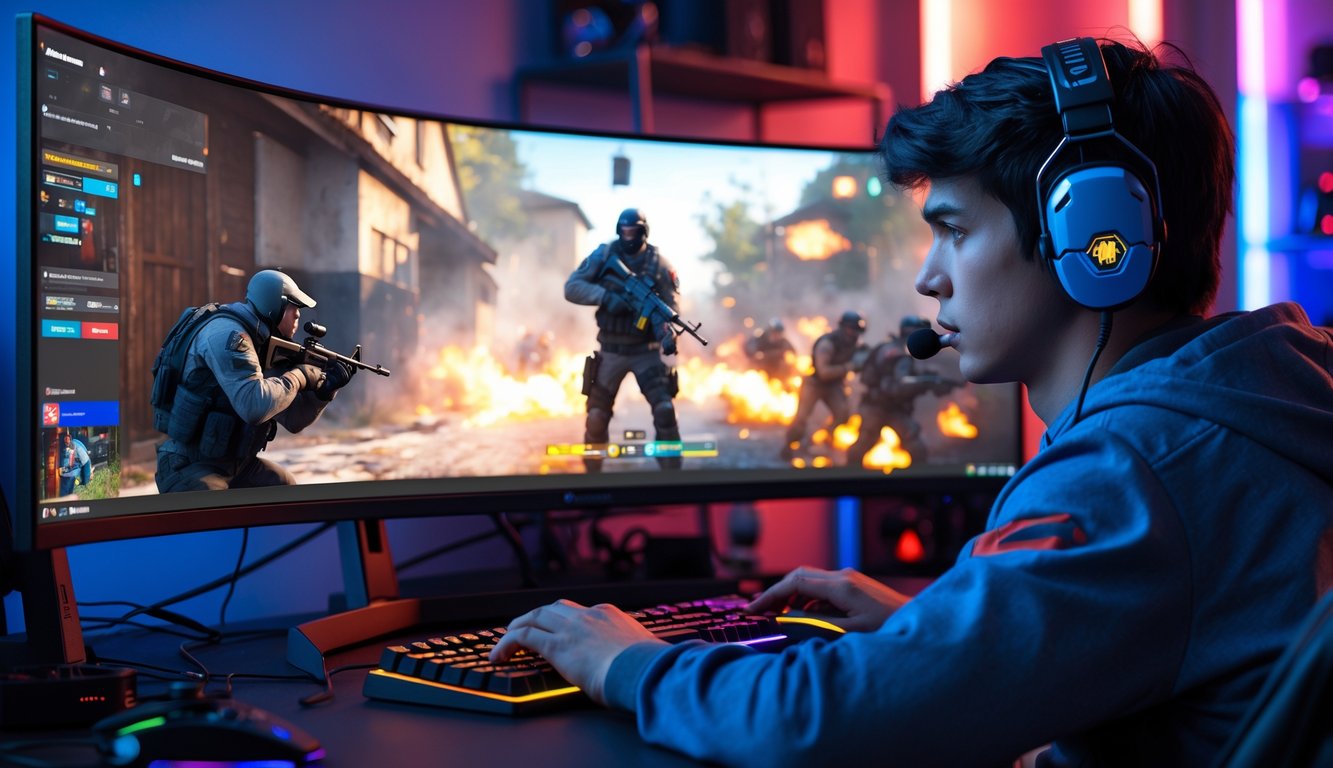 Seorang pemain muda sedang bermain Rainbow Six Siege dengan serius di depan monitor besar di ruang permainan dengan pencahayaan redup.