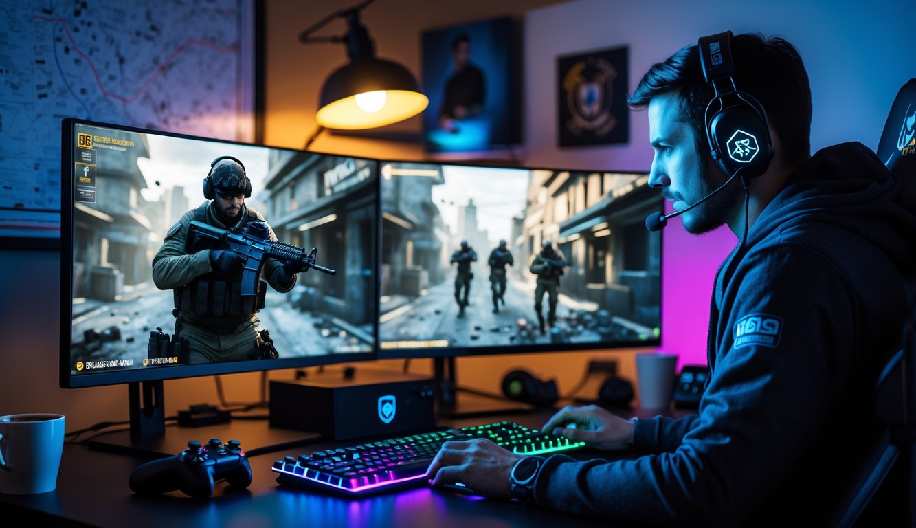 Seorang gamer serius sedang bermain Rainbow Six Siege di meja gaming dengan dua monitor, dilengkapi dengan headset dan perlengkapan gaming lainnya.