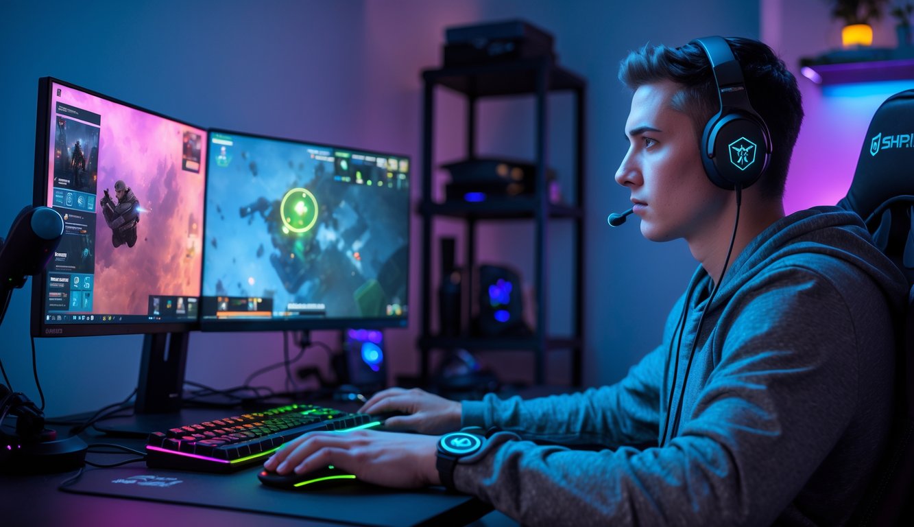 Seorang pemain muda duduk di depan komputer dengan tampilan permainan taktis di layar, di ruangan dengan pencahayaan warna-warni dan perlengkapan gaming.