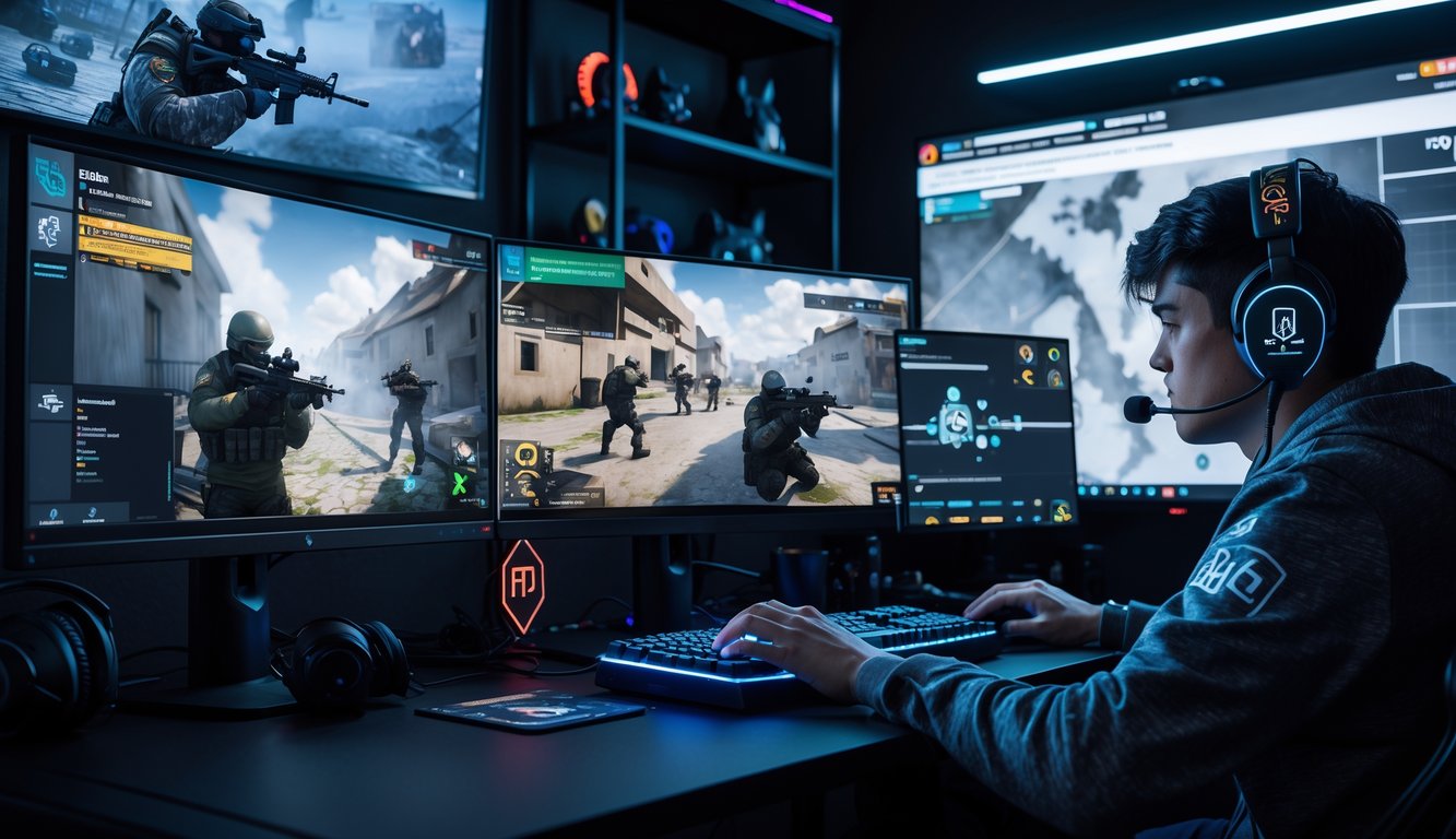 Seorang gamer muda sedang fokus merencanakan strategi permainan Rainbow Six Siege dengan beberapa monitor yang menampilkan peta taktis dan aksi dalam game.