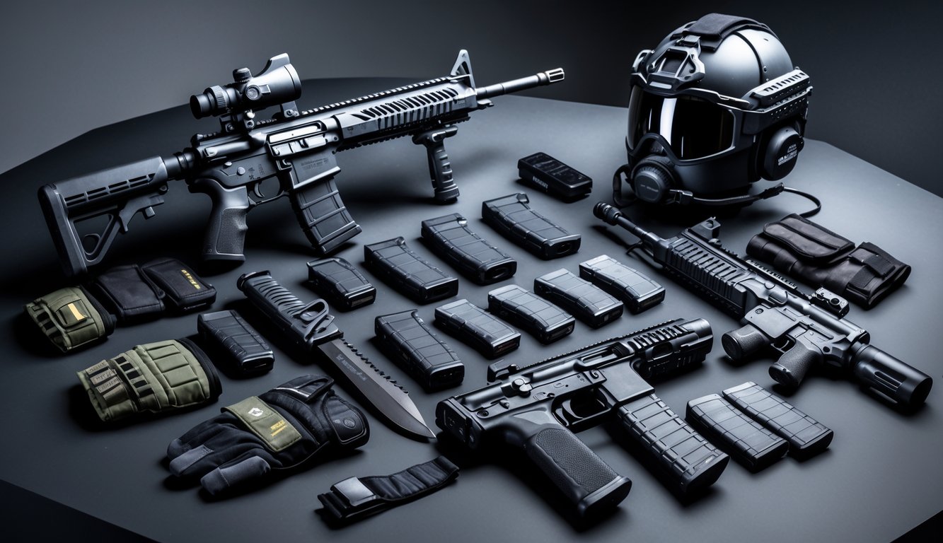 Susunan senjata dan perlengkapan taktis militer yang rapi di atas permukaan gelap, termasuk senapan serbu, pistol mesin, pisau tempur, helm balistik, dan perlengkapan komunikasi.