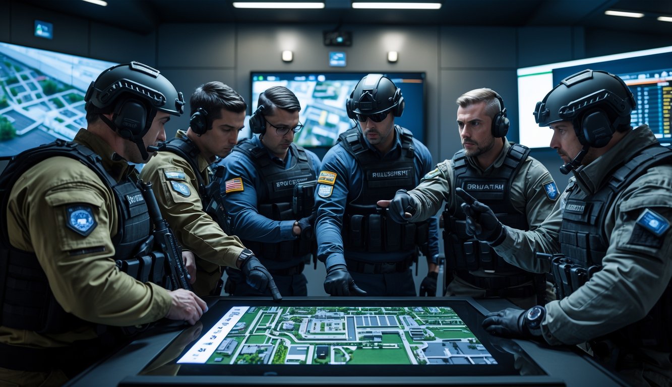 Sekelompok tim taktis sedang merencanakan serangan dengan peta digital di pusat komando modern.