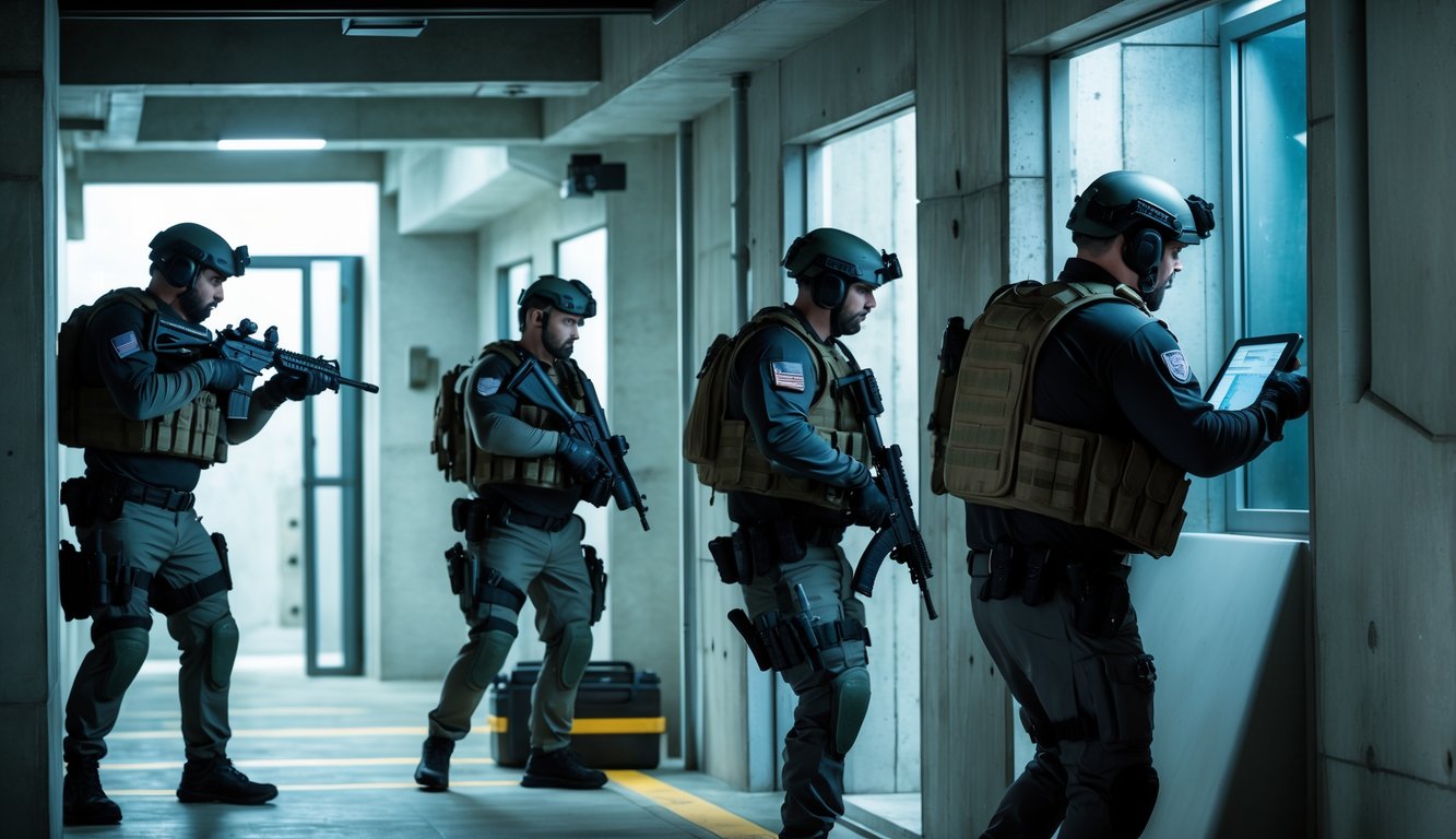 Empat anggota tim taktis bersenjata lengkap sedang bertahan di dalam gedung modern dengan posisi strategis di balik perlindungan.