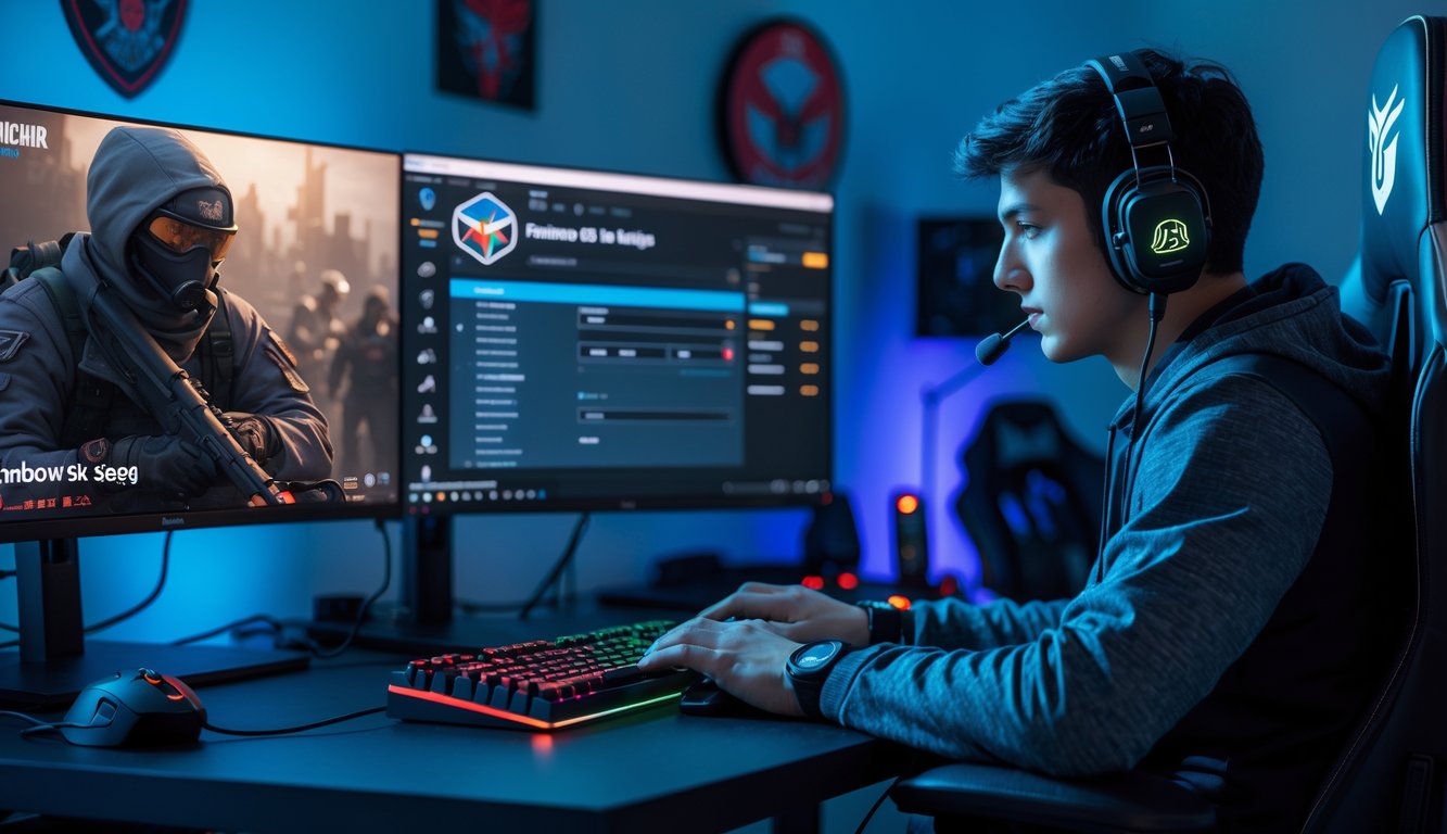 Seorang pemain game sedang mengatur pengaturan optimal untuk Rainbow Six Siege di meja gaming dengan dua monitor dan peralatan gaming.