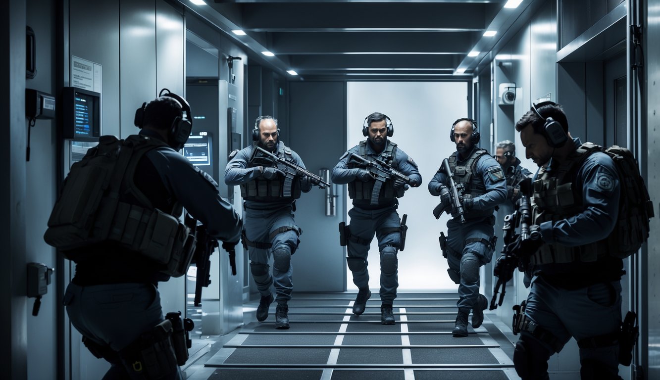 Tim operator taktis yang bergerak di dalam gedung modern dengan peralatan tempur lengkap, sedang melakukan misi strategis.