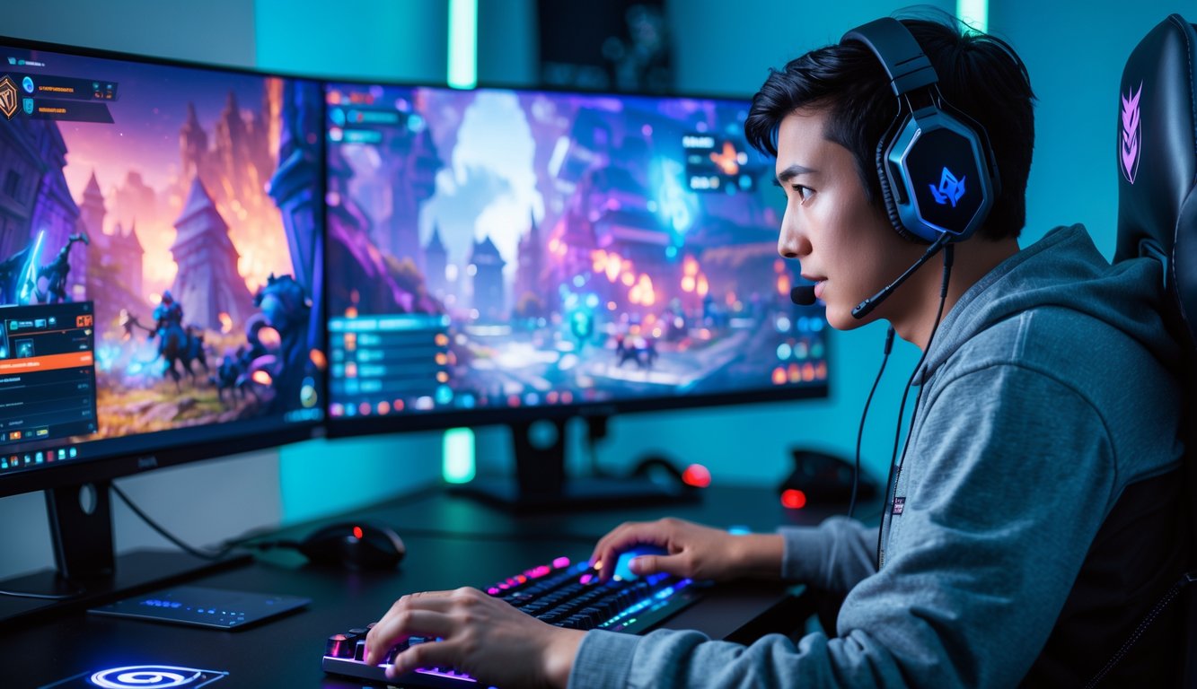 Seorang pemain muda sedang duduk di depan komputer dengan tampilan game Dota 2 di layar, fokus bermain di ruang gaming yang rapi.