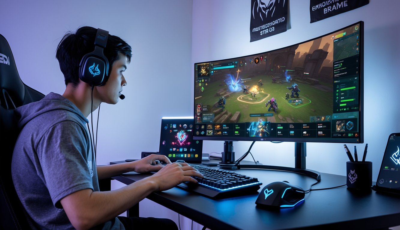 Seorang pemain muda sedang fokus bermain Dota 2 di depan monitor besar dengan perlengkapan gaming di meja yang rapi.