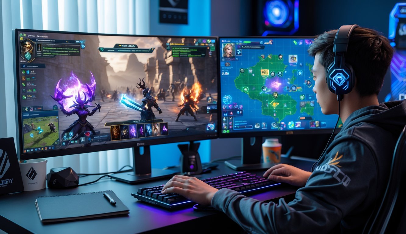 Seorang pemain game duduk di depan komputer dengan dua layar yang menampilkan permainan dan peta strategi Dota 2.