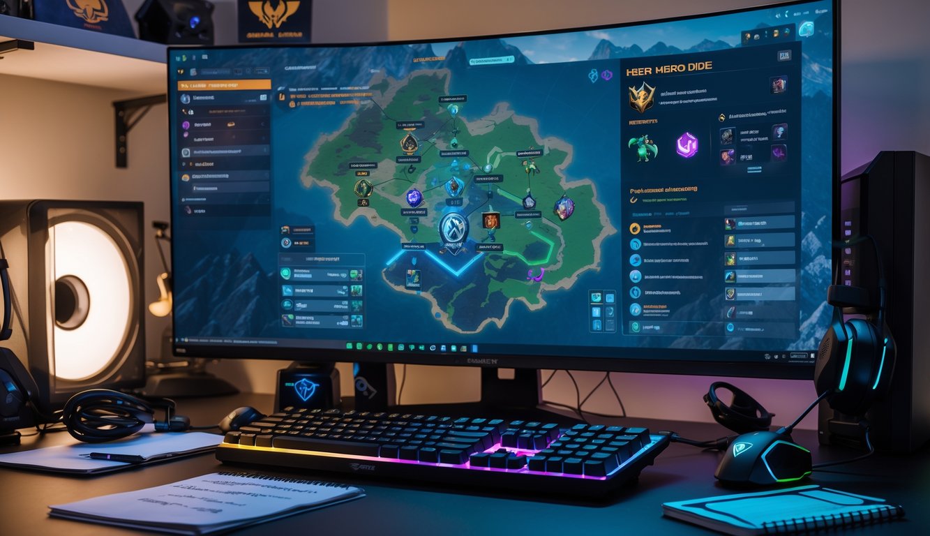 Sebuah meja komputer dengan monitor menampilkan permainan Dota 2 dan perlengkapan gaming di sekitarnya.