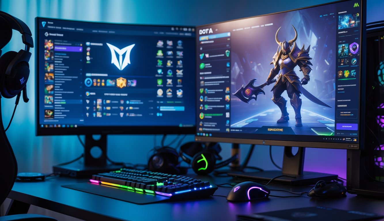 Setup gaming dengan komputer dan monitor menampilkan inventaris item terbaik untuk Dota 2.