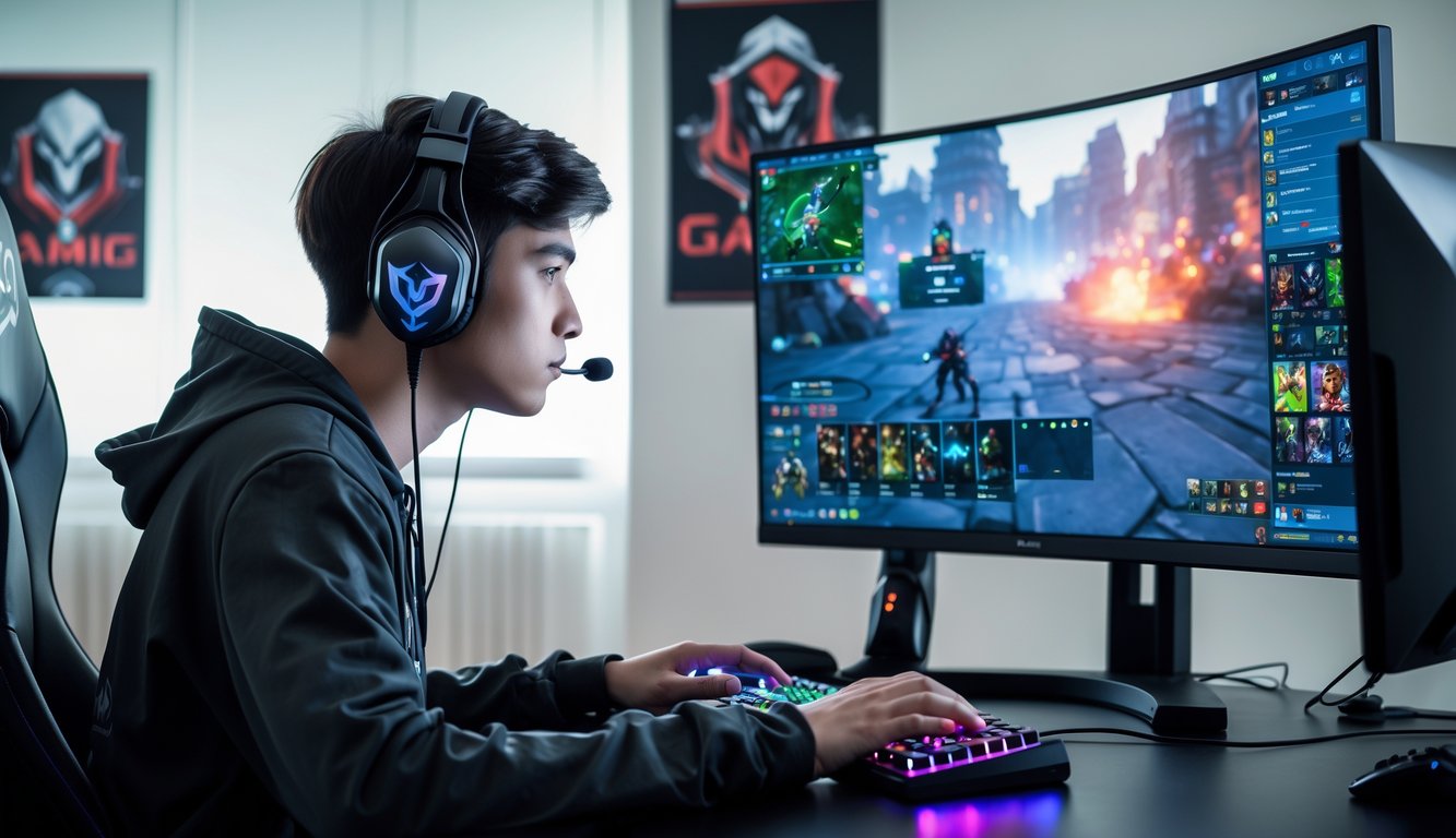 Seorang pemain muda fokus bermain Dota 2 di depan komputer dengan peralatan gaming di ruangan yang terang dan rapi.