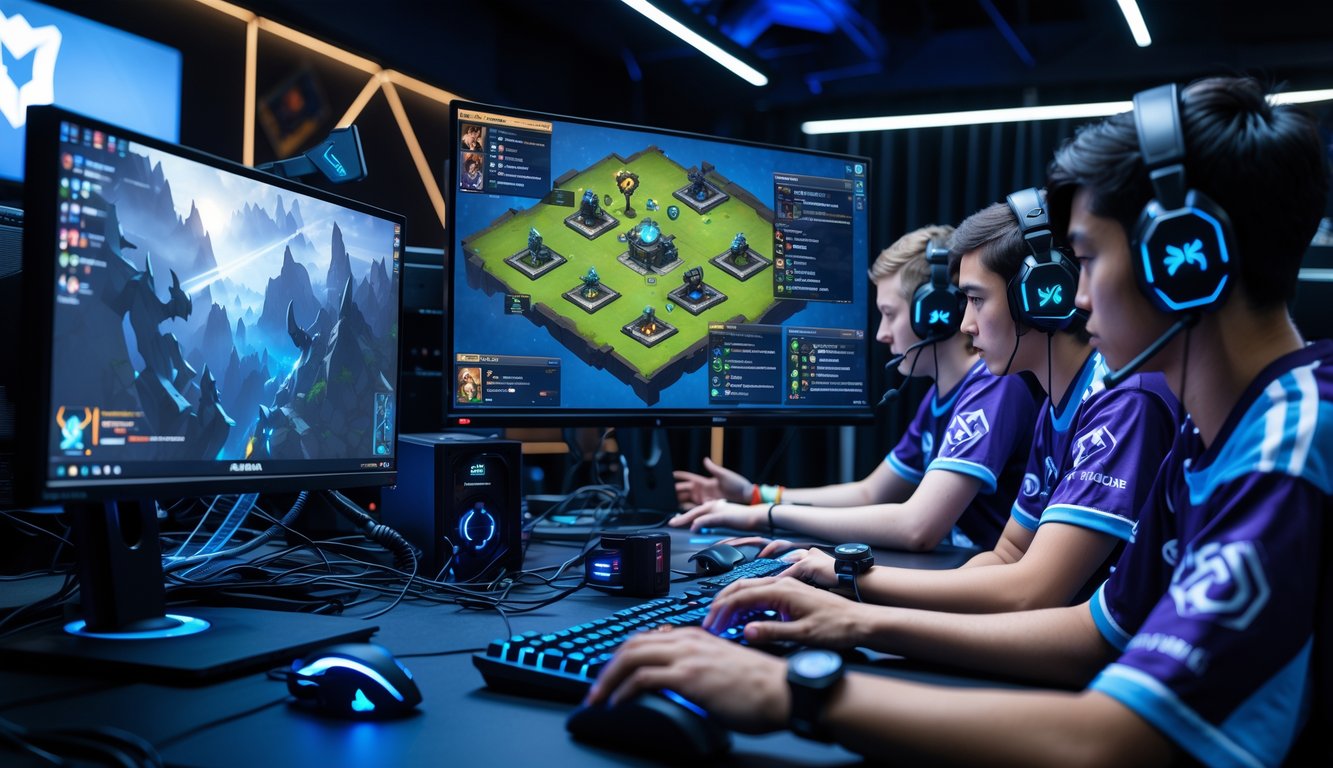 Seorang tim pemain esports sedang berkumpul dan berstrategi di depan layar komputer yang menampilkan peta permainan Dota 2 dengan posisi dan peran utama.