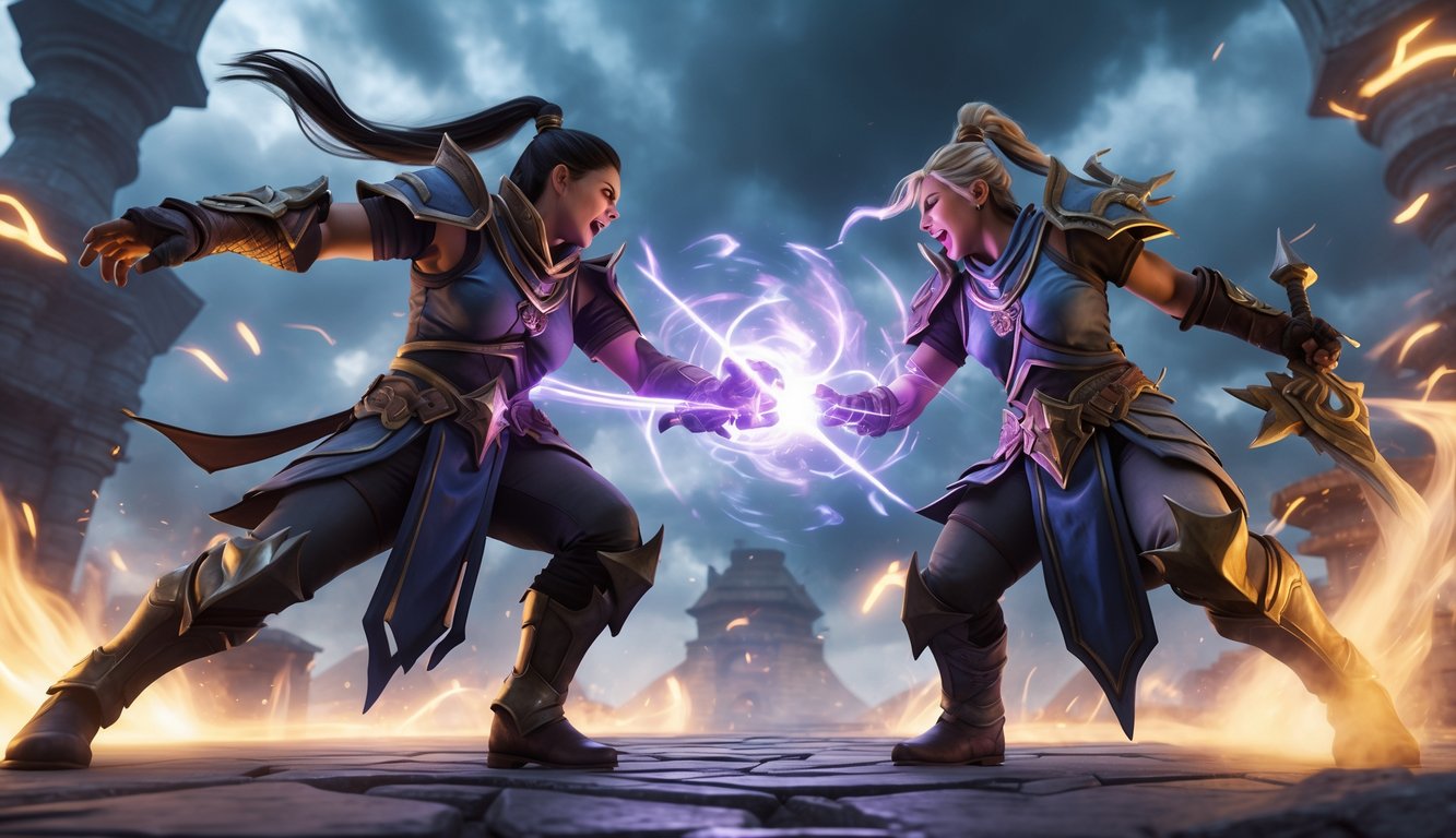 Dua pahlawan Dota 2 sedang melakukan serangan kombinasi mematikan di medan perang yang dramatis.