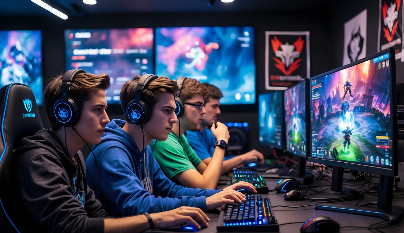 Sekelompok pemain muda sedang bermain game Dota 2 dengan serius di ruang gaming modern.